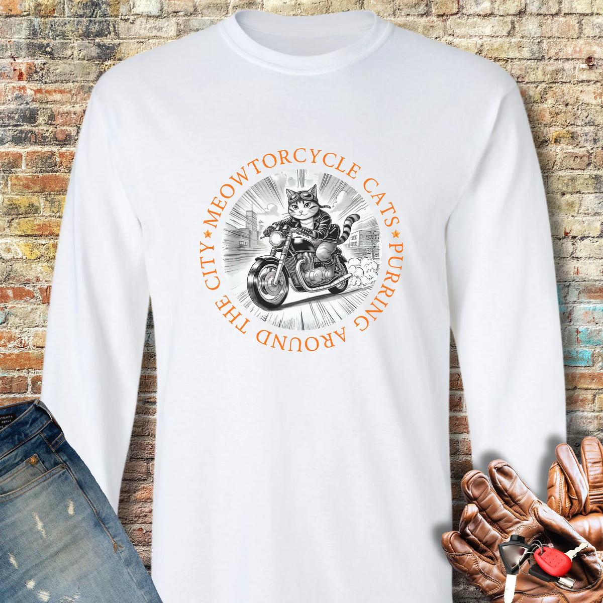 Meowtorcycle Cats Long Sleeve T-Shirt - White