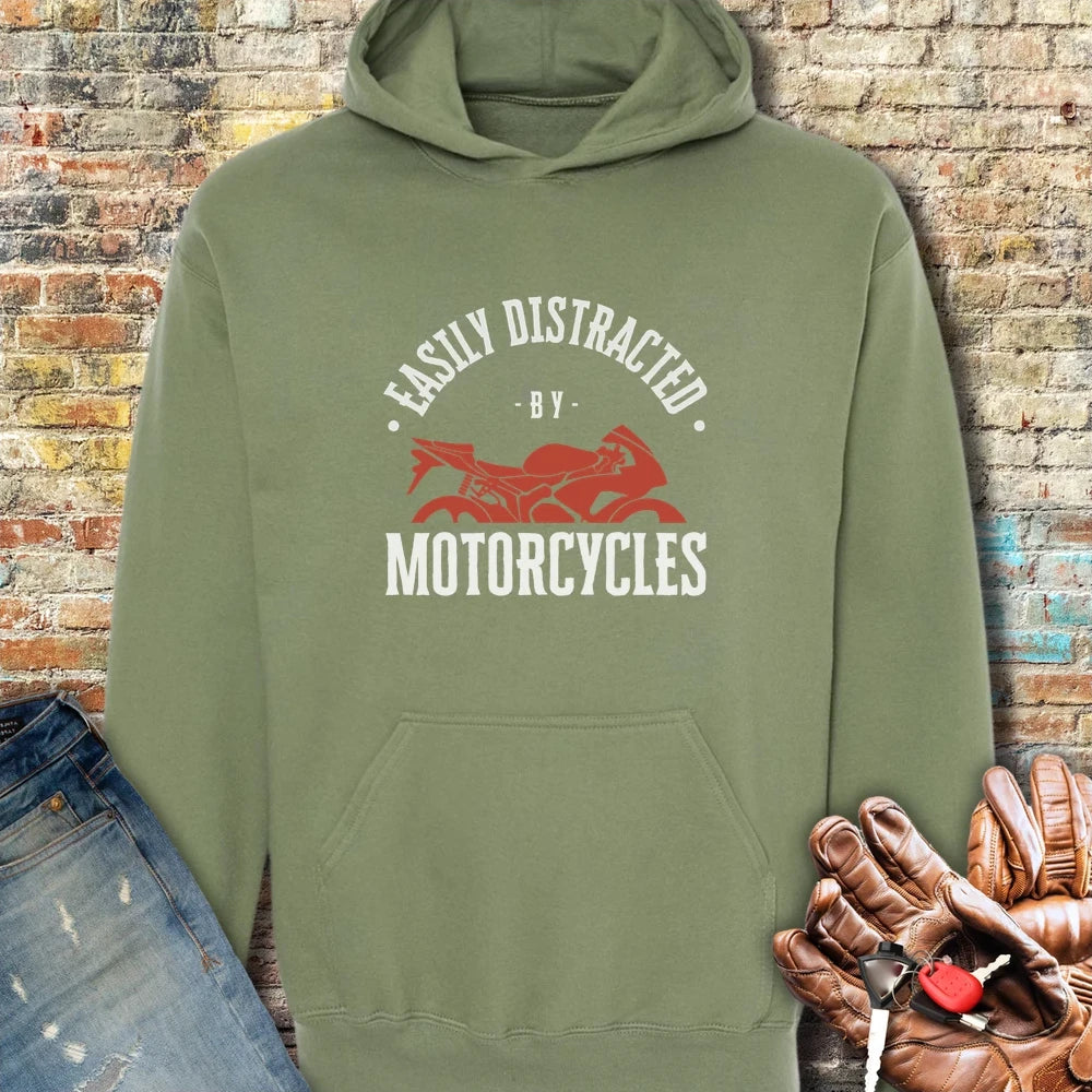 Easily Distracted By Motorcycles Dark Hoodie - Military Green