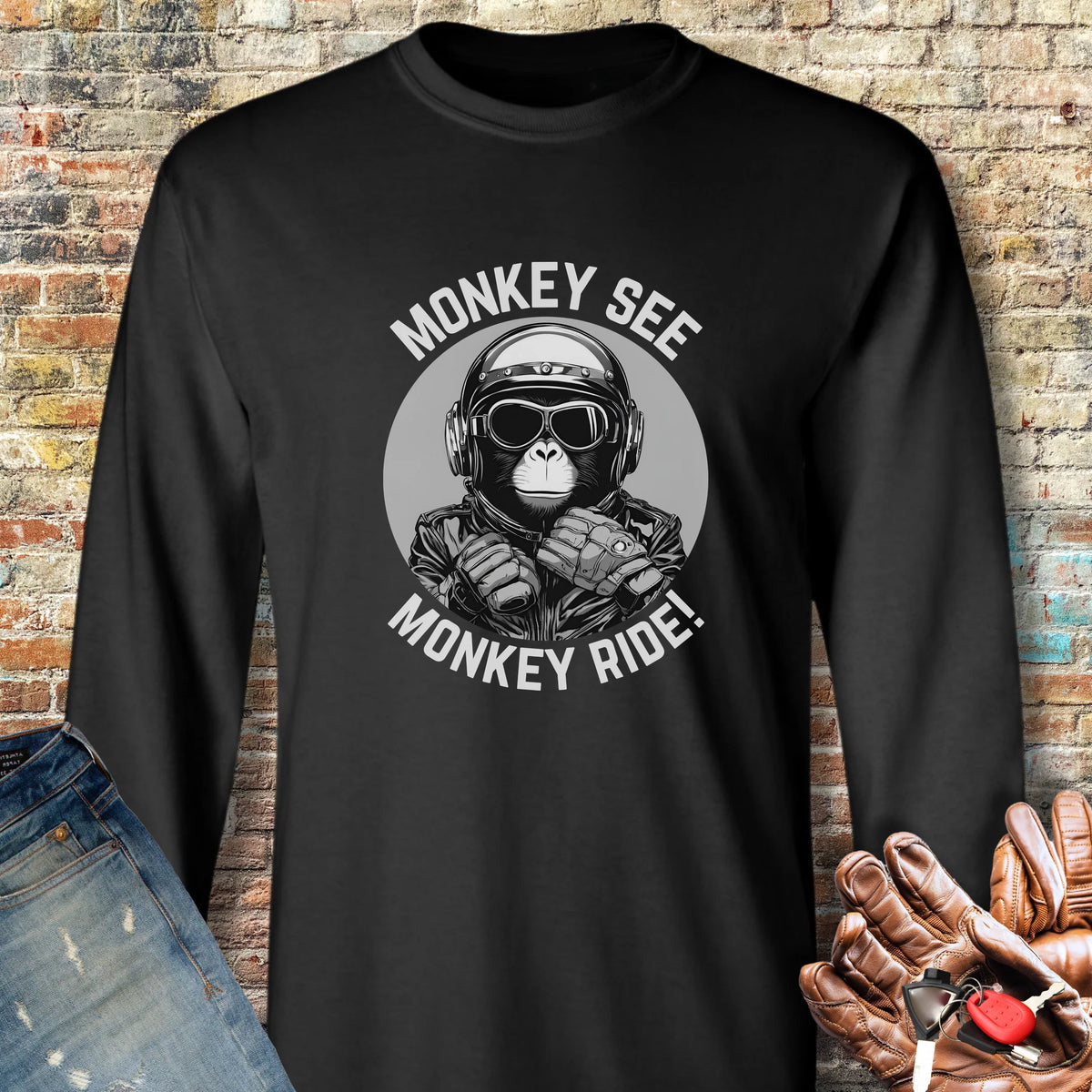Monkey See Monkey Ride Long Sleeve T-Shirt - Black