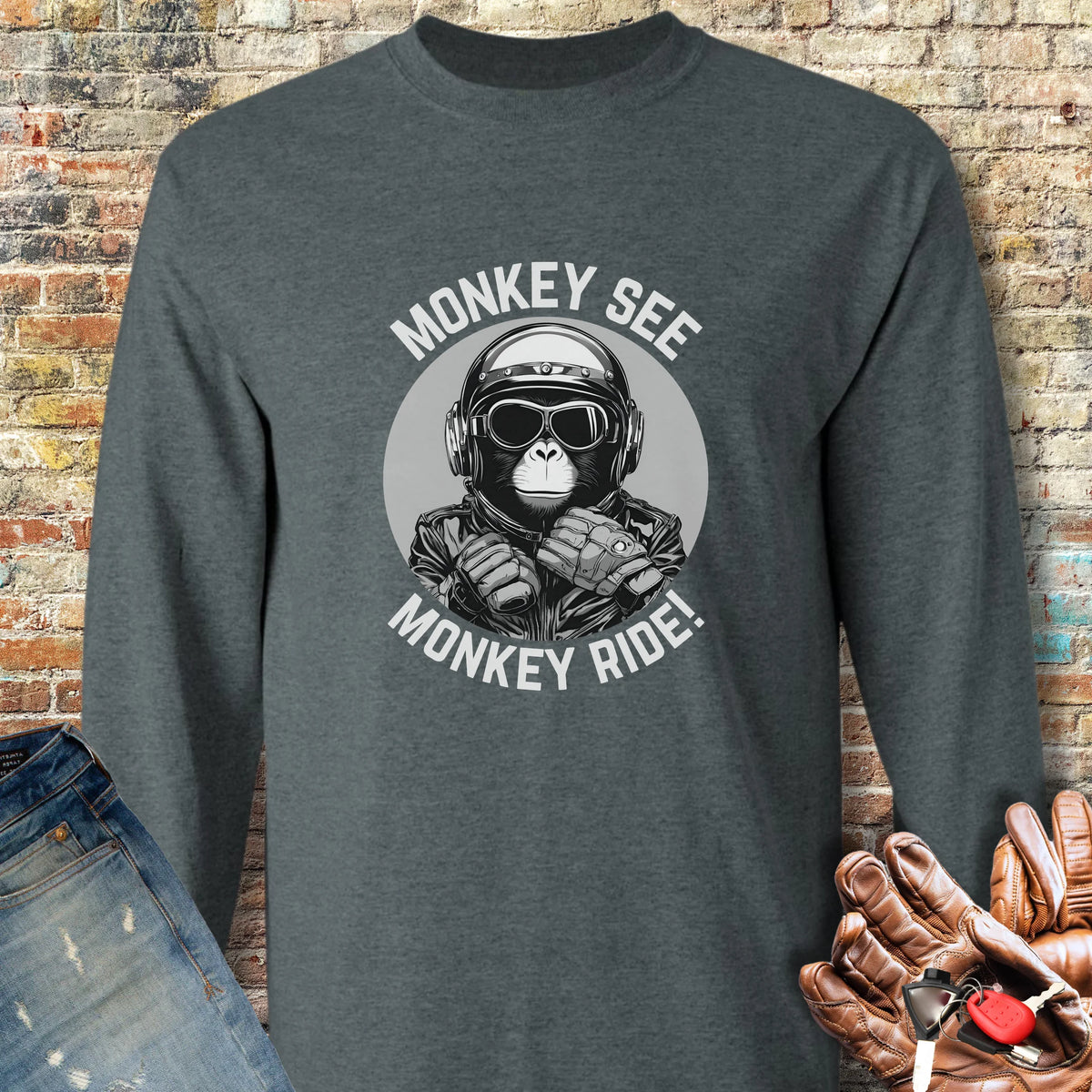 Monkey See Monkey Ride Long Sleeve T-Shirt - Dark Heather