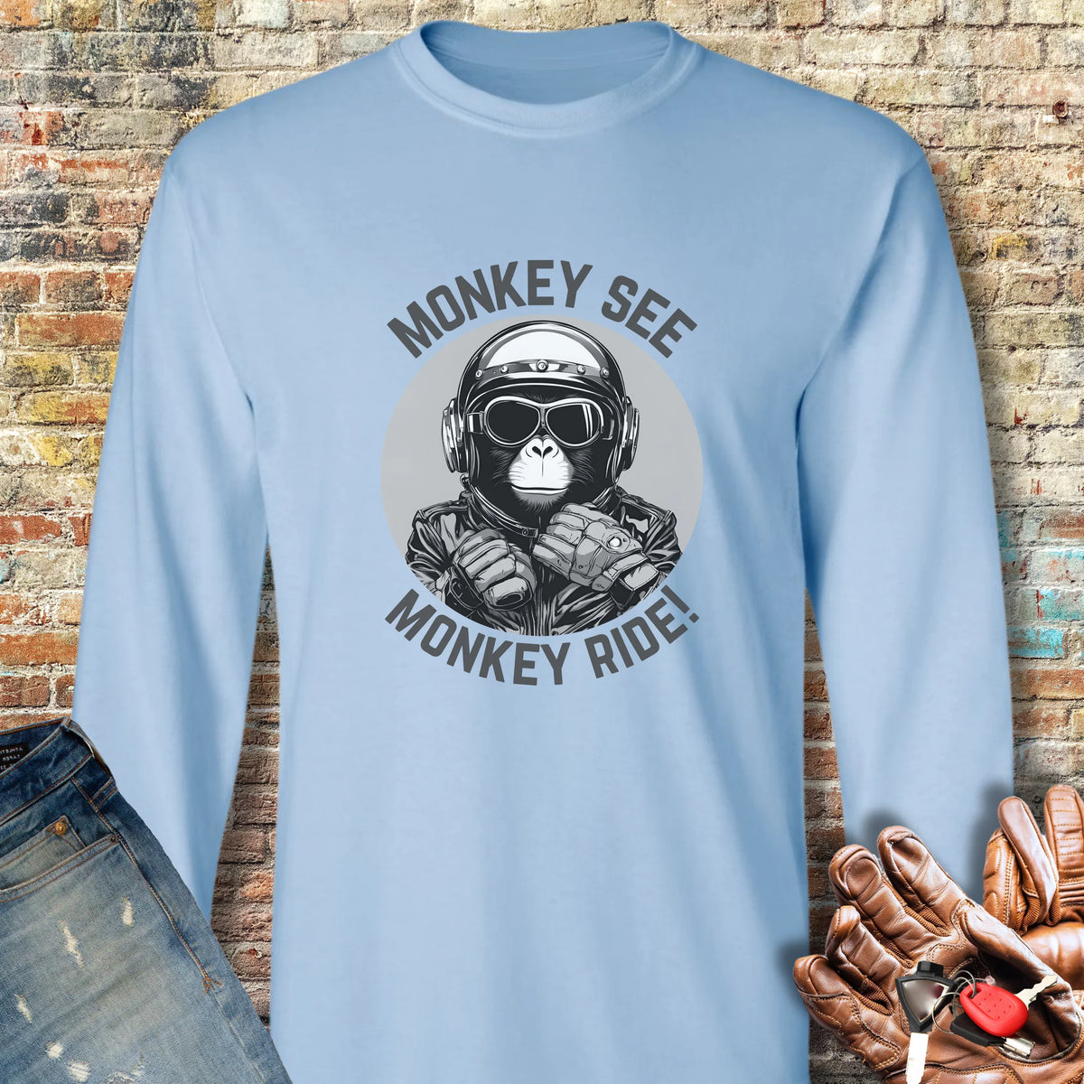 Monkey See Monkey Ride Long Sleeve T-Shirt - Light Blue