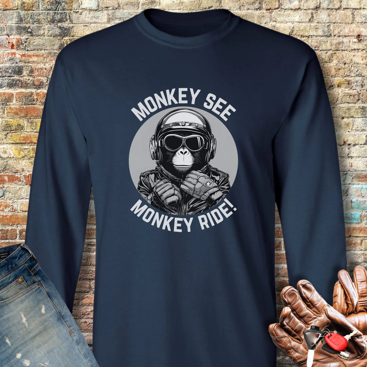 Monkey See Monkey Ride Long Sleeve T-Shirt - Navy