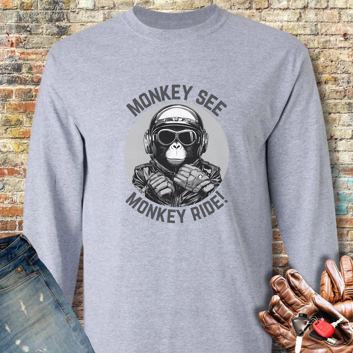 Monkey See Monkey Ride Long Sleeve T-Shirt - Sport Grey