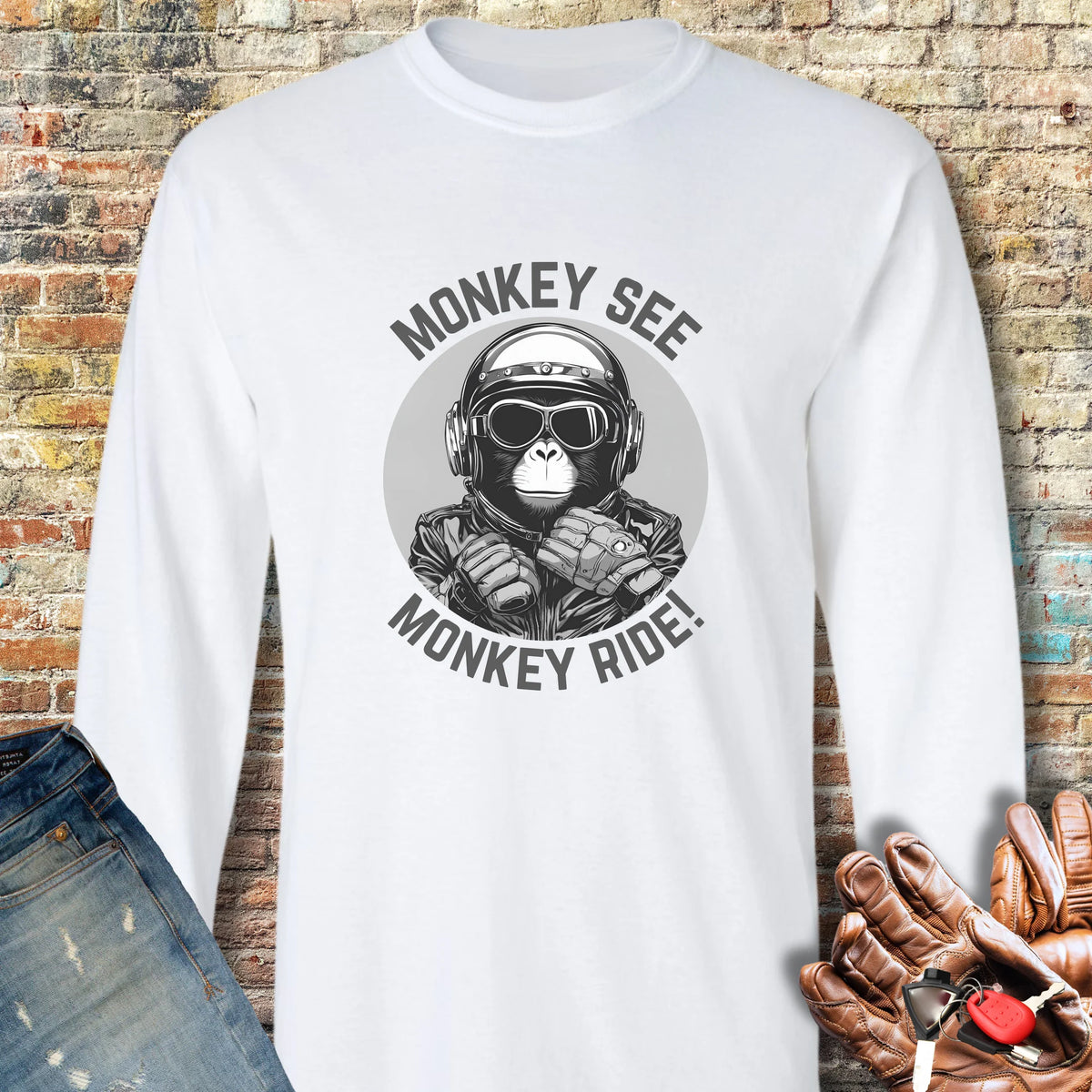 Monkey See Monkey Ride Long Sleeve T-Shirt - White