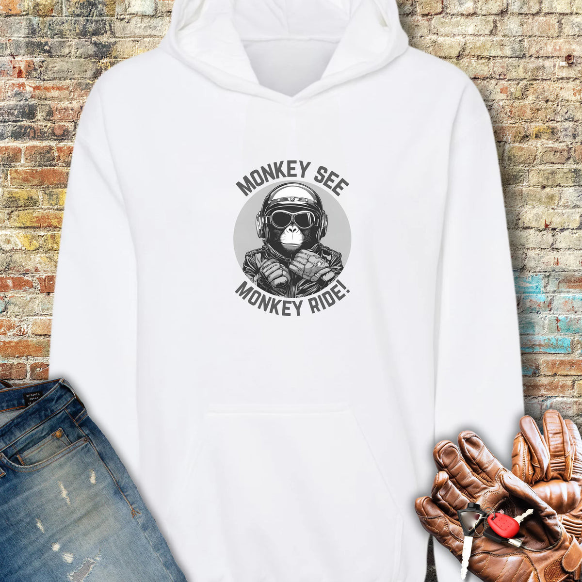 Monkey See Monkey Ride Hoodie - White