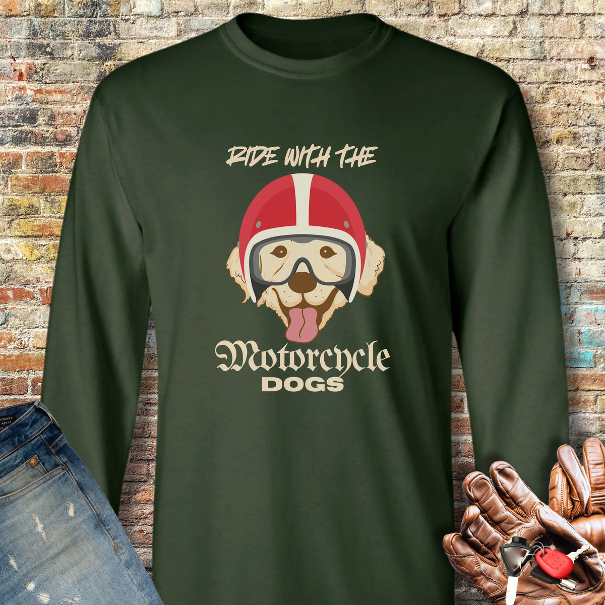 Motorcycle Dogs Long Sleeve T-Shirt - Forest Green