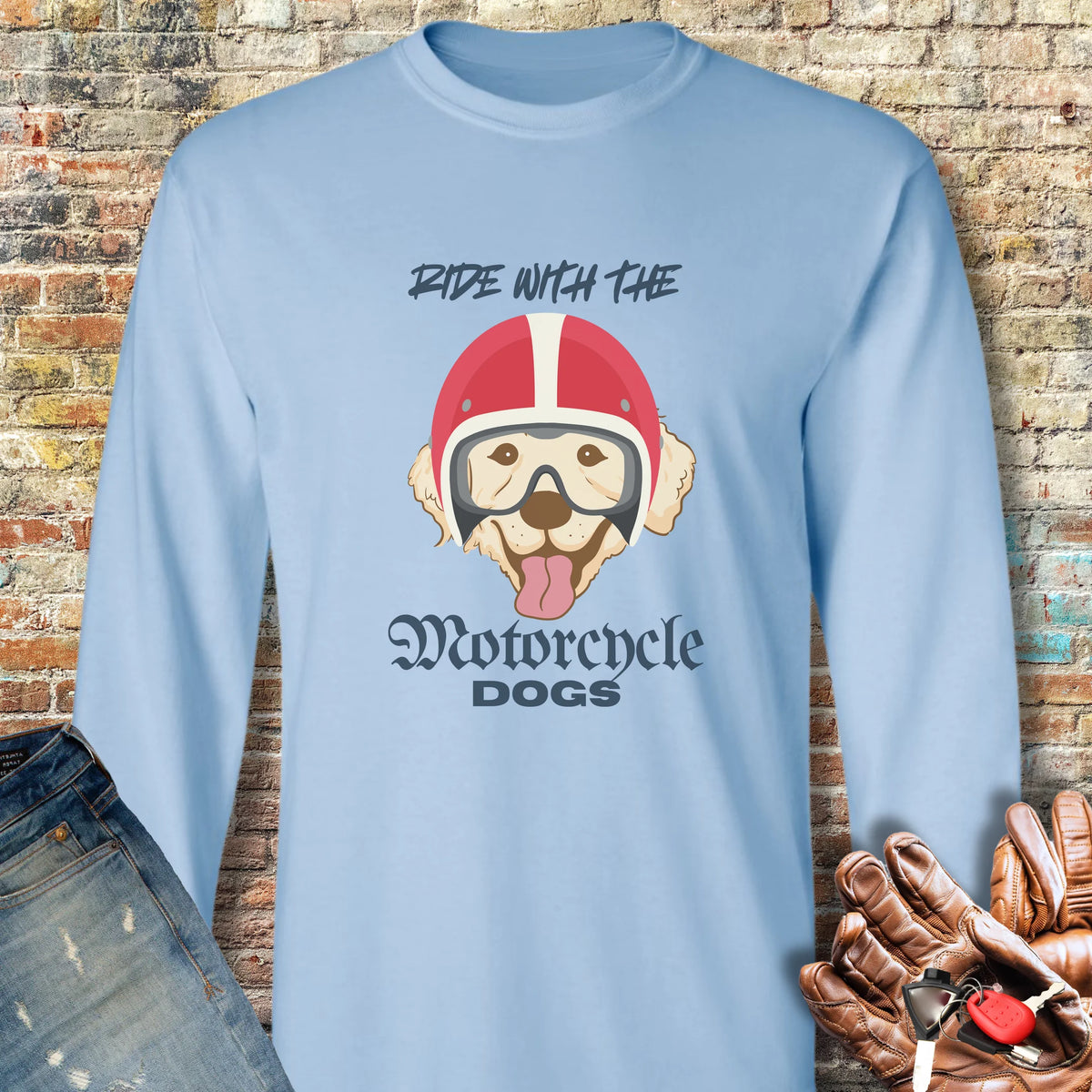 Motorcycle Dogs Long Sleeve T-Shirt - Light Blue