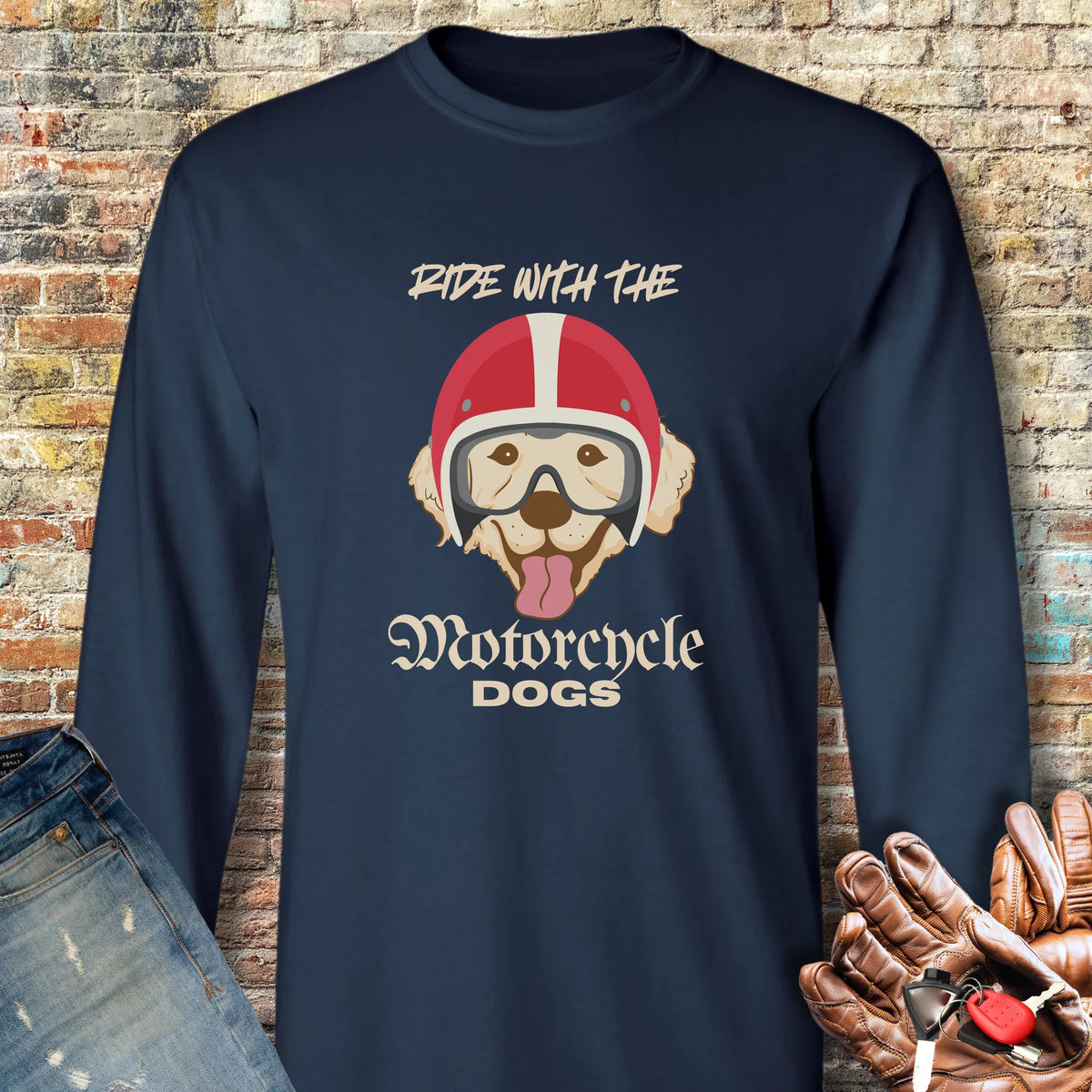 Motorcycle Dogs Long Sleeve T-Shirt - Navy