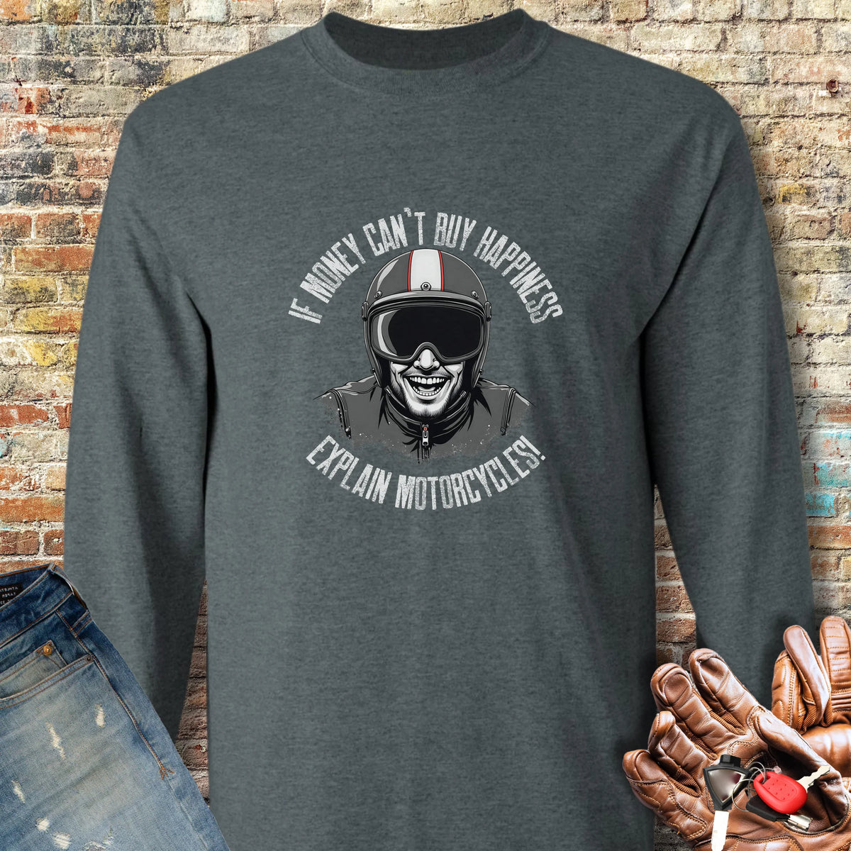 Motorcycle Happiness (Male) Long Sleeve T-Shirt - Dark Heather