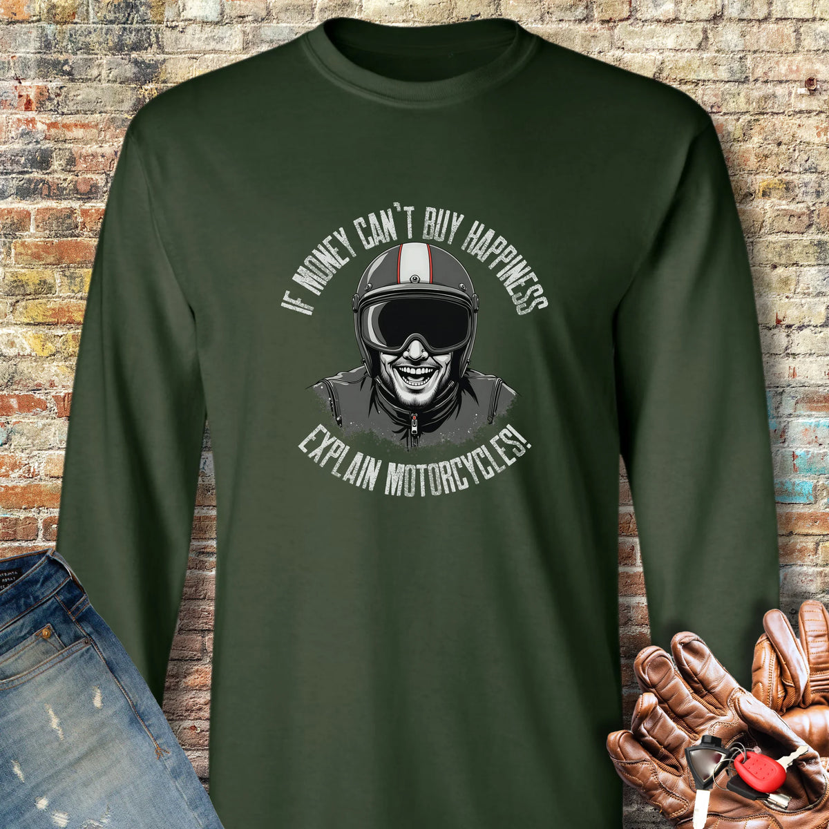 Motorcycle Happiness (Male) Long Sleeve T-Shirt - Forest Green