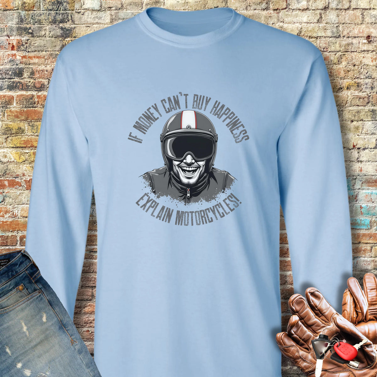 Motorcycle Happiness (Male) Long Sleeve T-Shirt - Light Blue