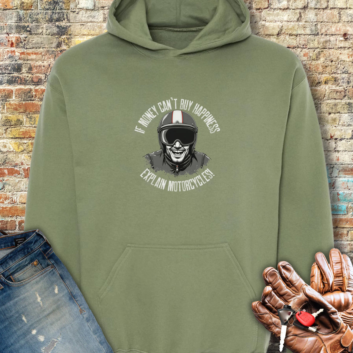 Motorcycle Happiness (Male) Hoodie - Military Green