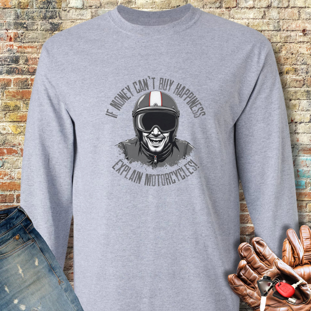 Motorcycle Happiness (Male) Long Sleeve T-Shirt - Sport Grey