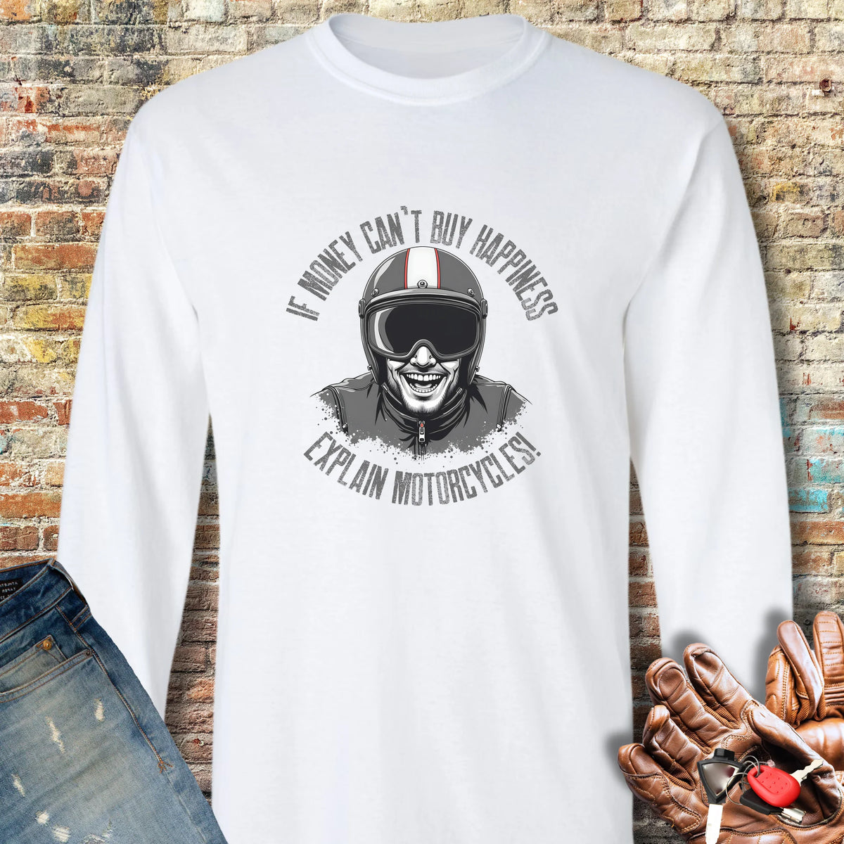 Motorcycle Happiness (Male) Long Sleeve T-Shirt - White