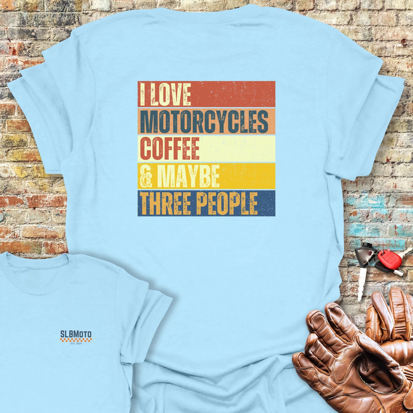 Motorcycles & Coffee (Block) Back Print T-Shirt - Light Blue