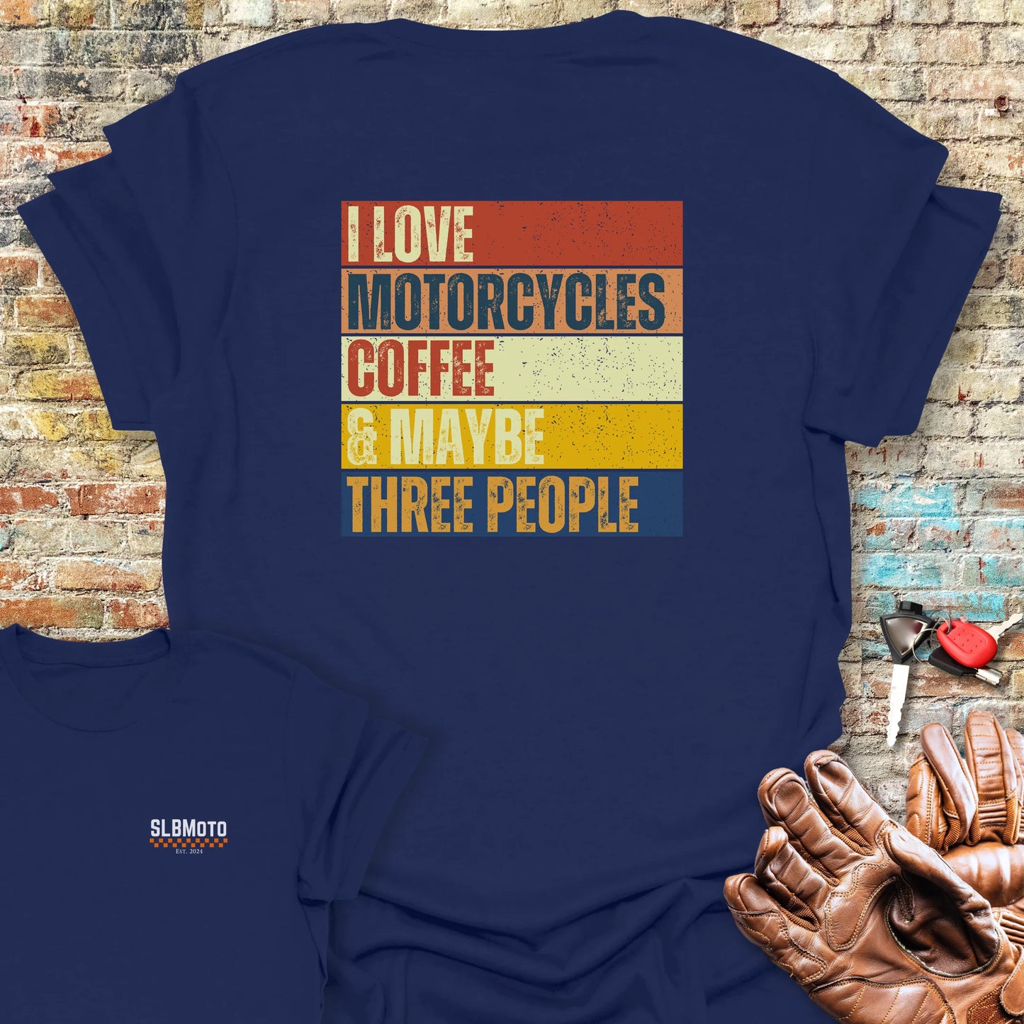 Motorcycles & Coffee (Block) Back Print T-Shirt - Navy