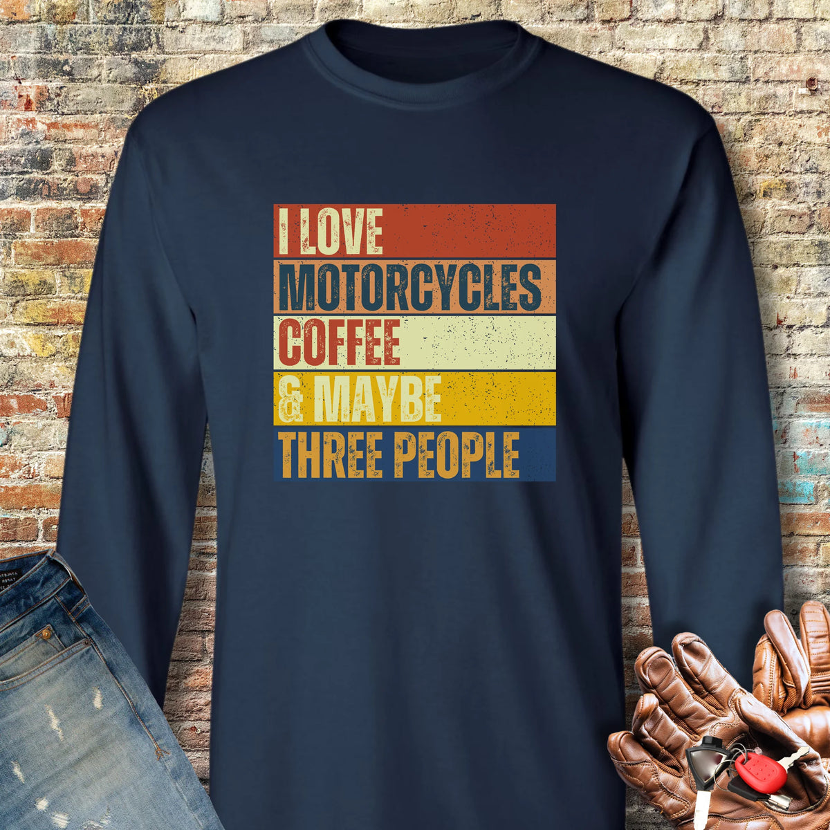 Motorcycles & Coffee (Block) Long Sleeve T-Shirt - Navy