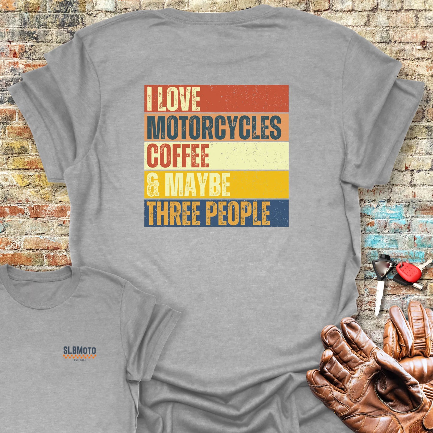 Motorcycles & Coffee (Block) Back Print T-Shirt - Sport Grey