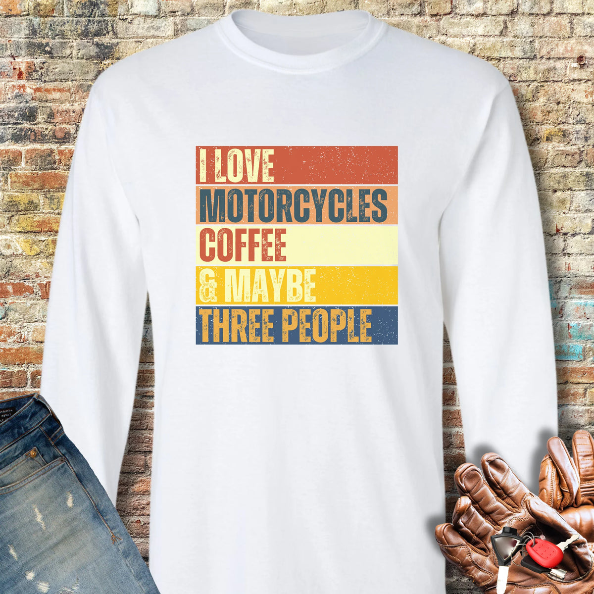 Motorcycles & Coffee (Block) Long Sleeve T-Shirt - White