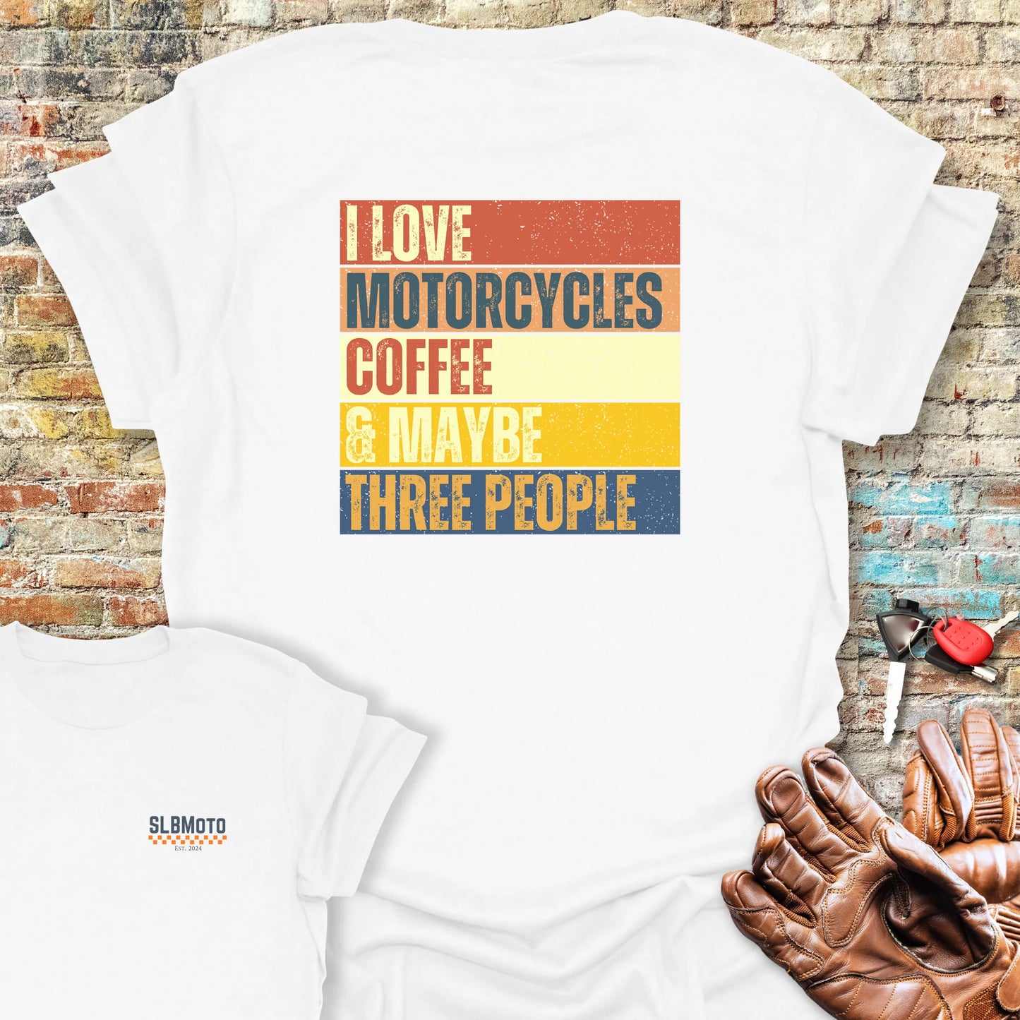 Motorcycles & Coffee (Block) Back Print T-Shirt - White
