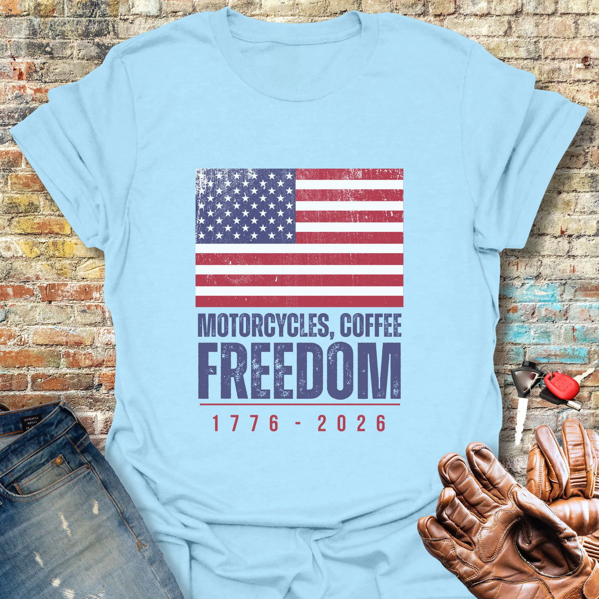 Motorcycles Coffee Freedom T-Shirt - Light Blue