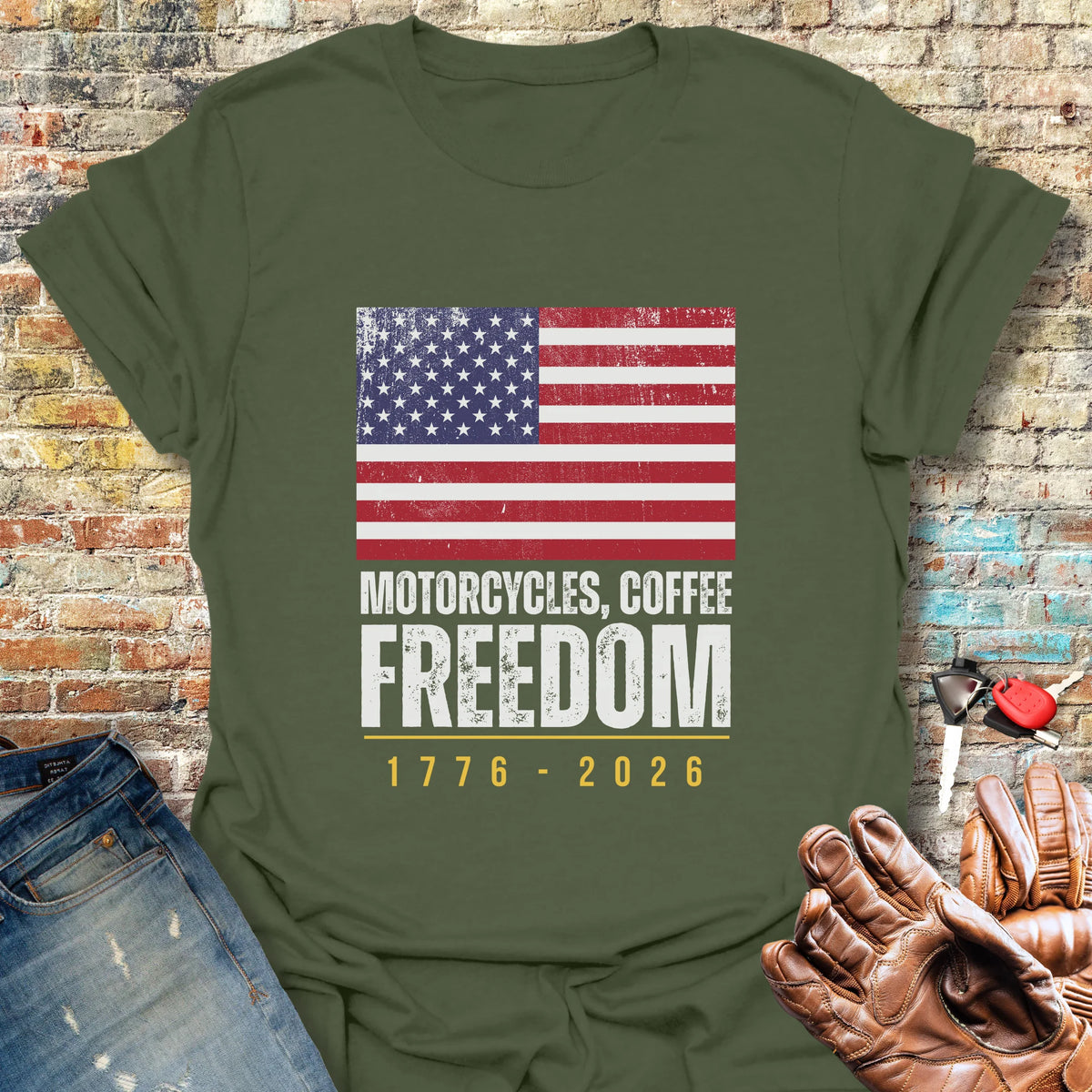 Motorcycles Coffee Freedom T-Shirt - Military Green