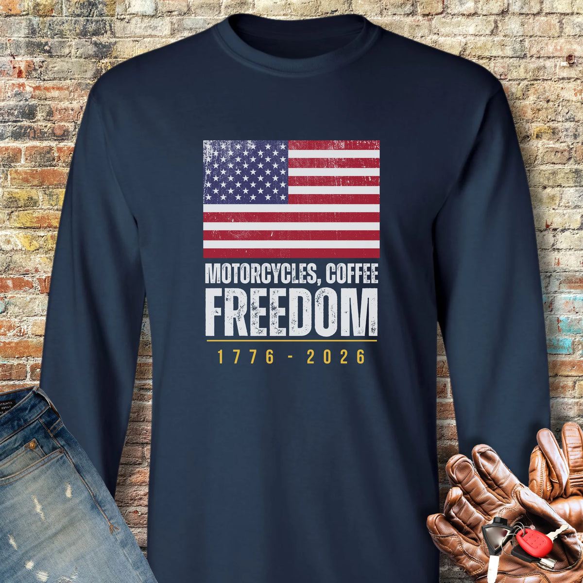 Motorcycles Coffee Freedom Long Sleeve T-Shirt - Navy