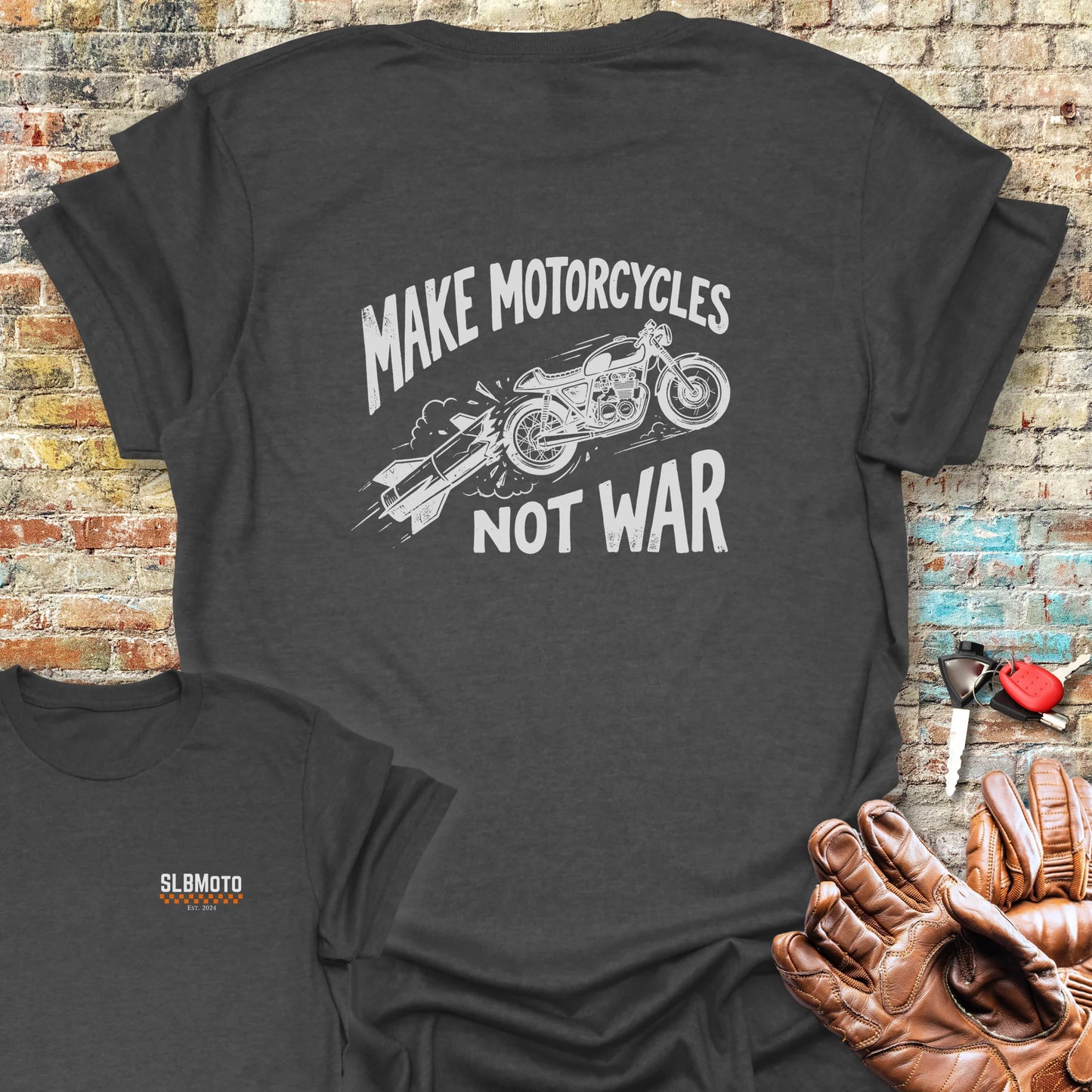 Motorcycles Not War Back Print T-Shirt - Dark Heather