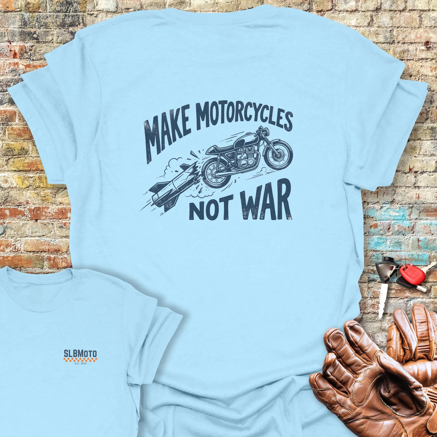 Motorcycles Not War Back Print T-Shirt - Light Blue