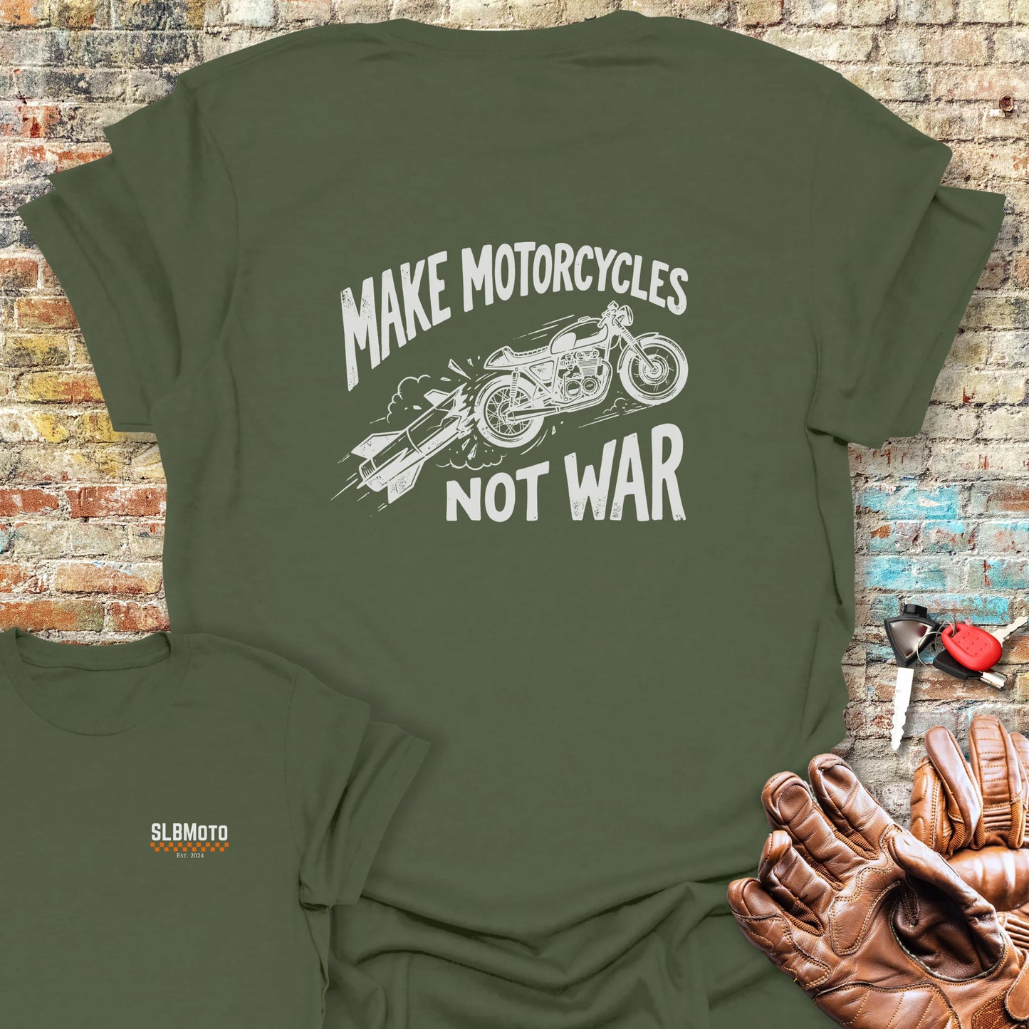 Motorcycles Not War Back Print T-Shirt - Military Green