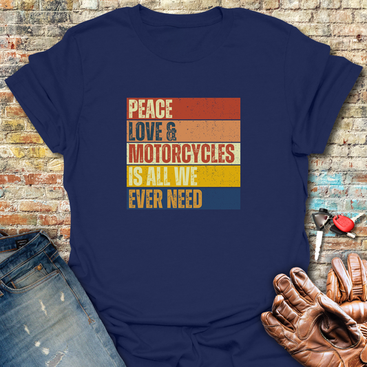 Peace Love Motorcycles Block T-Shirt - Navy