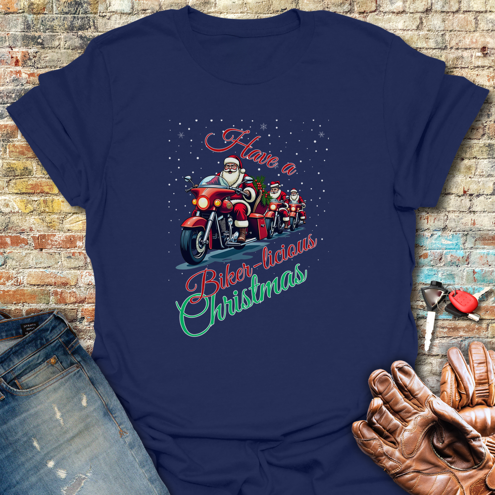 Biker Licious Christmas T-Shirt - Navy