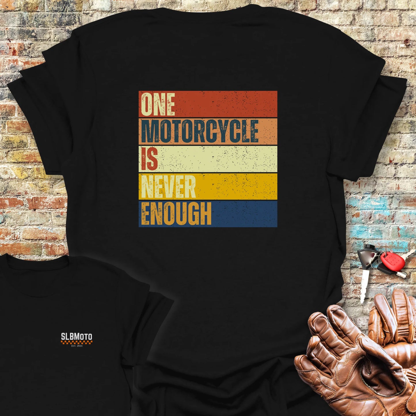 One Motorcycle Is Never Enough (Block) Back Print T-Shirt - Black