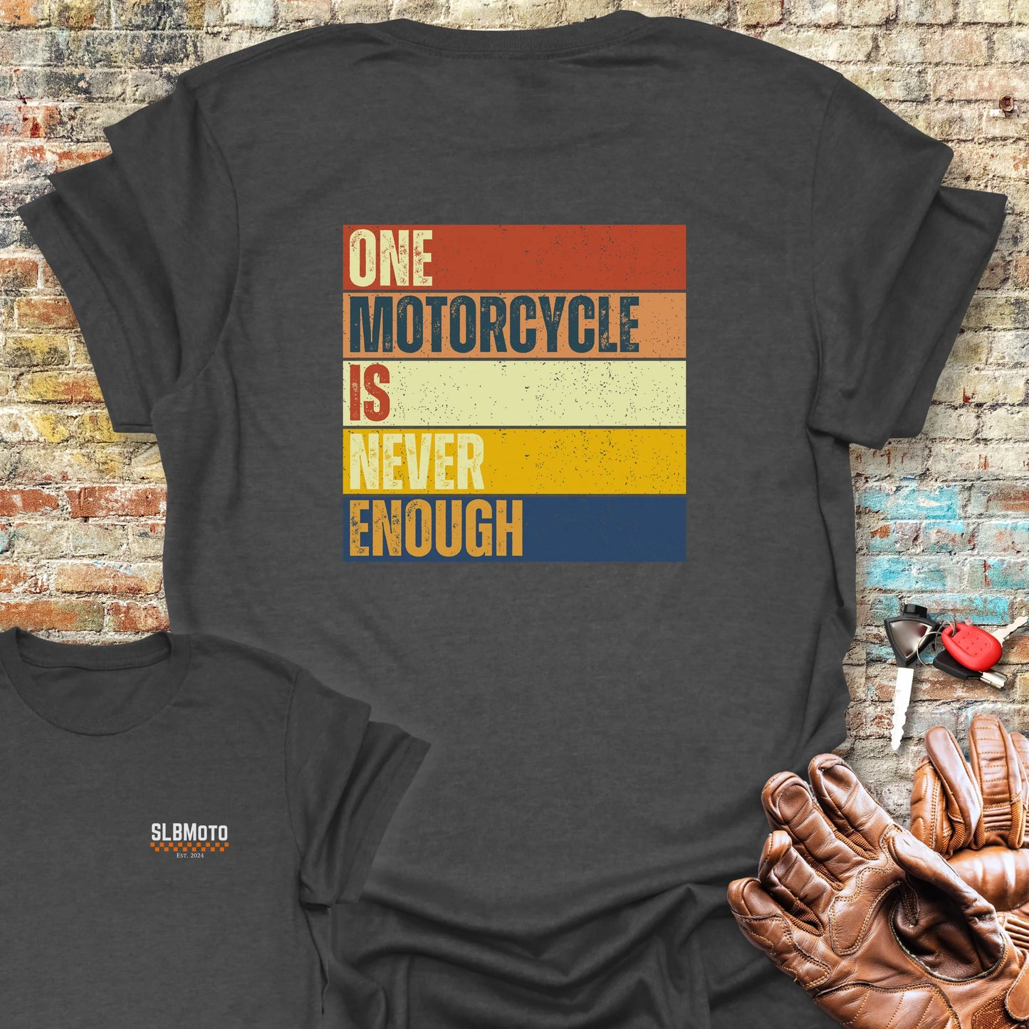 One Motorcycle Is Never Enough (Block) Back Print T-Shirt - Dark Heather