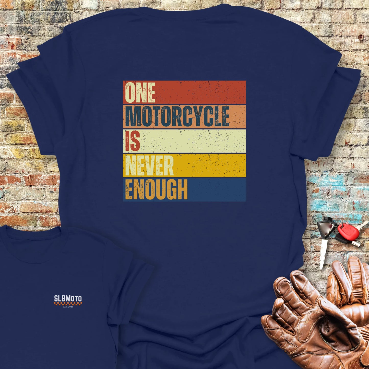 One Motorcycle Is Never Enough (Block) Back Print T-Shirt - Navy