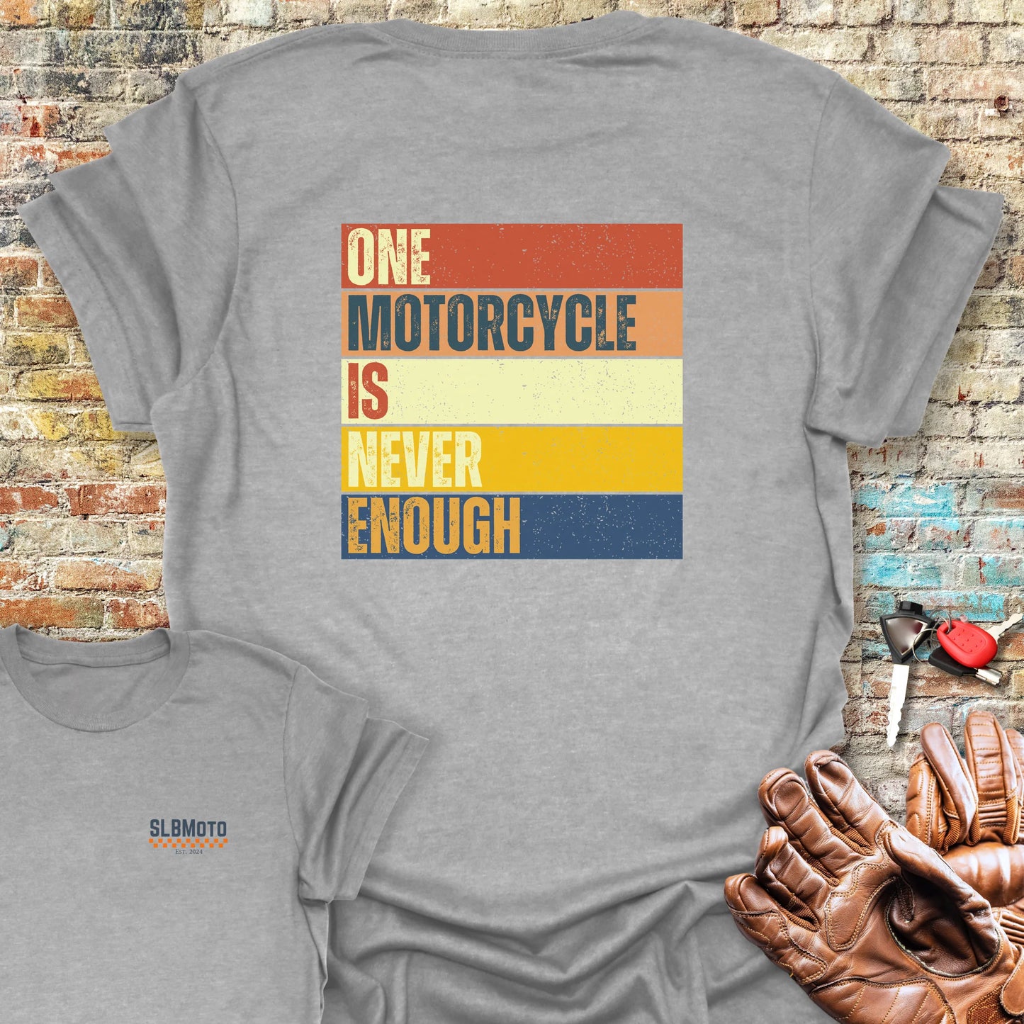 One Motorcycle Is Never Enough (Block) Back Print T-Shirt - Sport Grey
