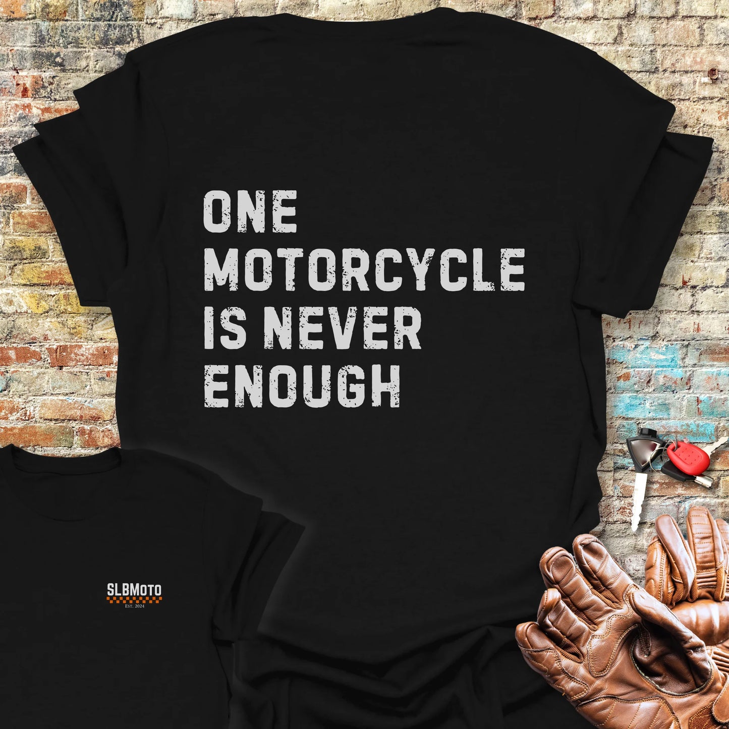 One Motorcycle Is Never Enough (Text) Back Print T-Shirt - Black