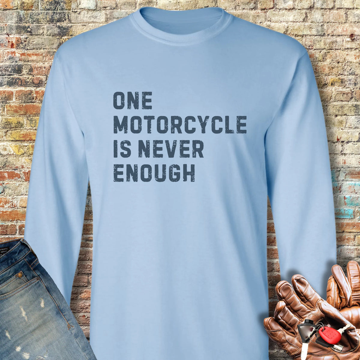 One Motorcycle (Text) Long Sleeve T-Shirt - Light Blue