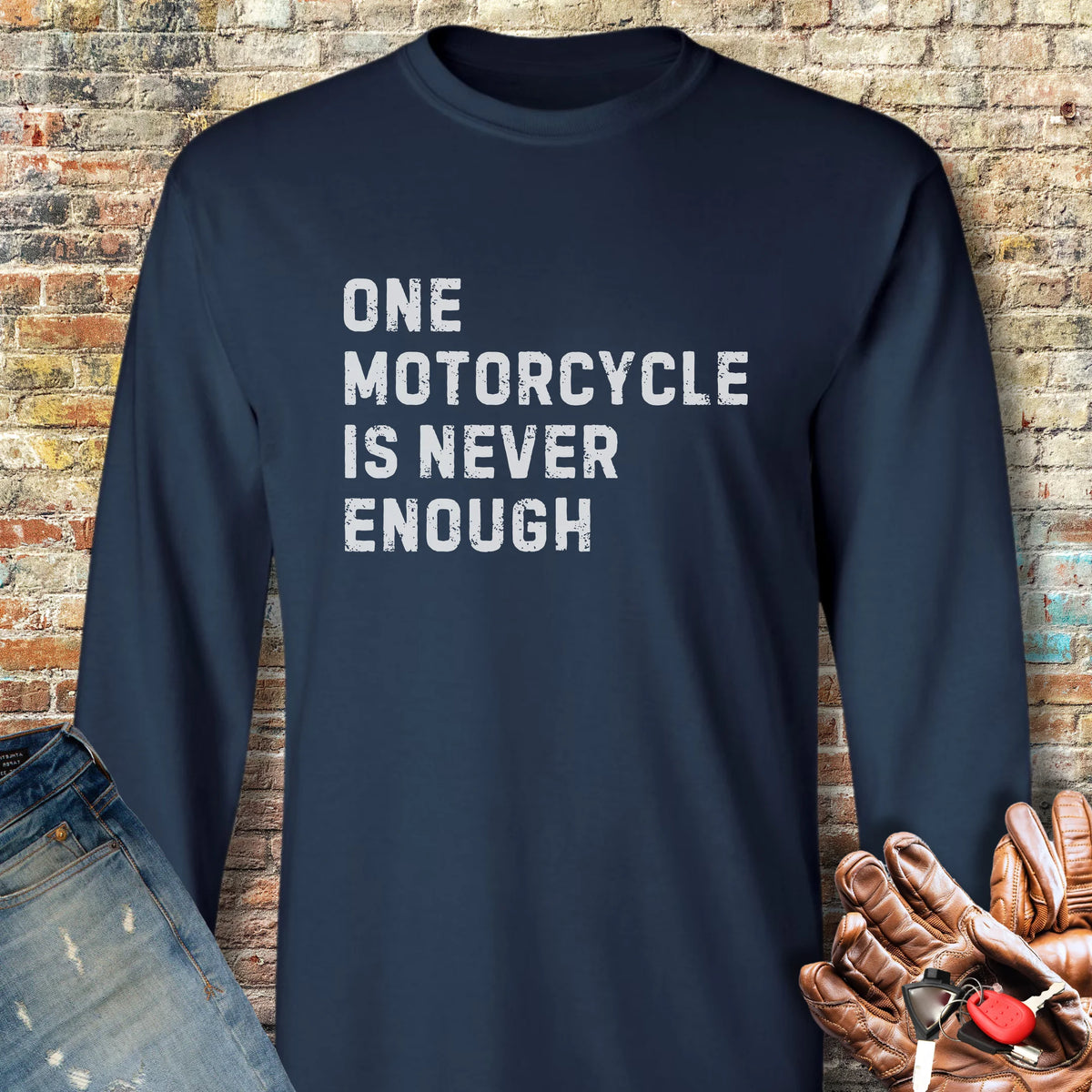 One Motorcycle (Text) Long Sleeve T-Shirt - Navy