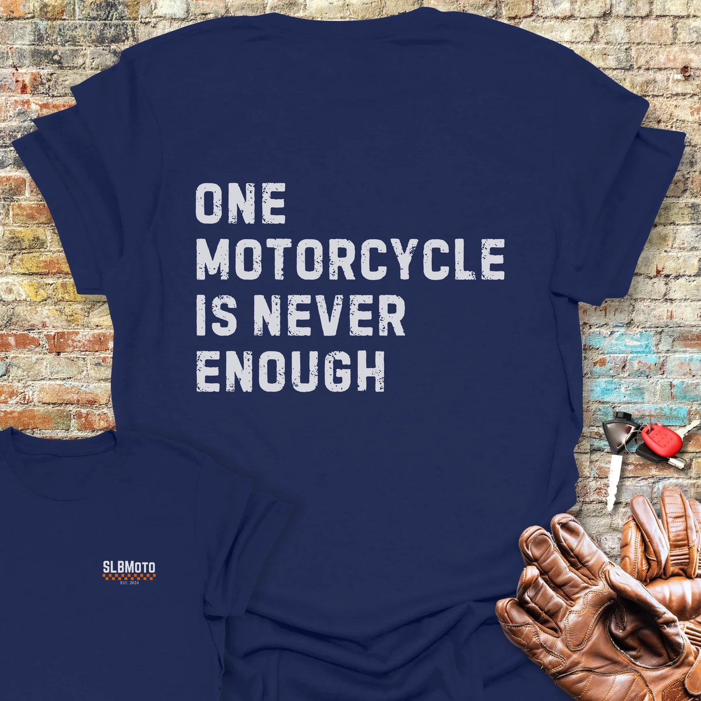 One Motorcycle Is Never Enough (Text) Back Print T-Shirt - Navy