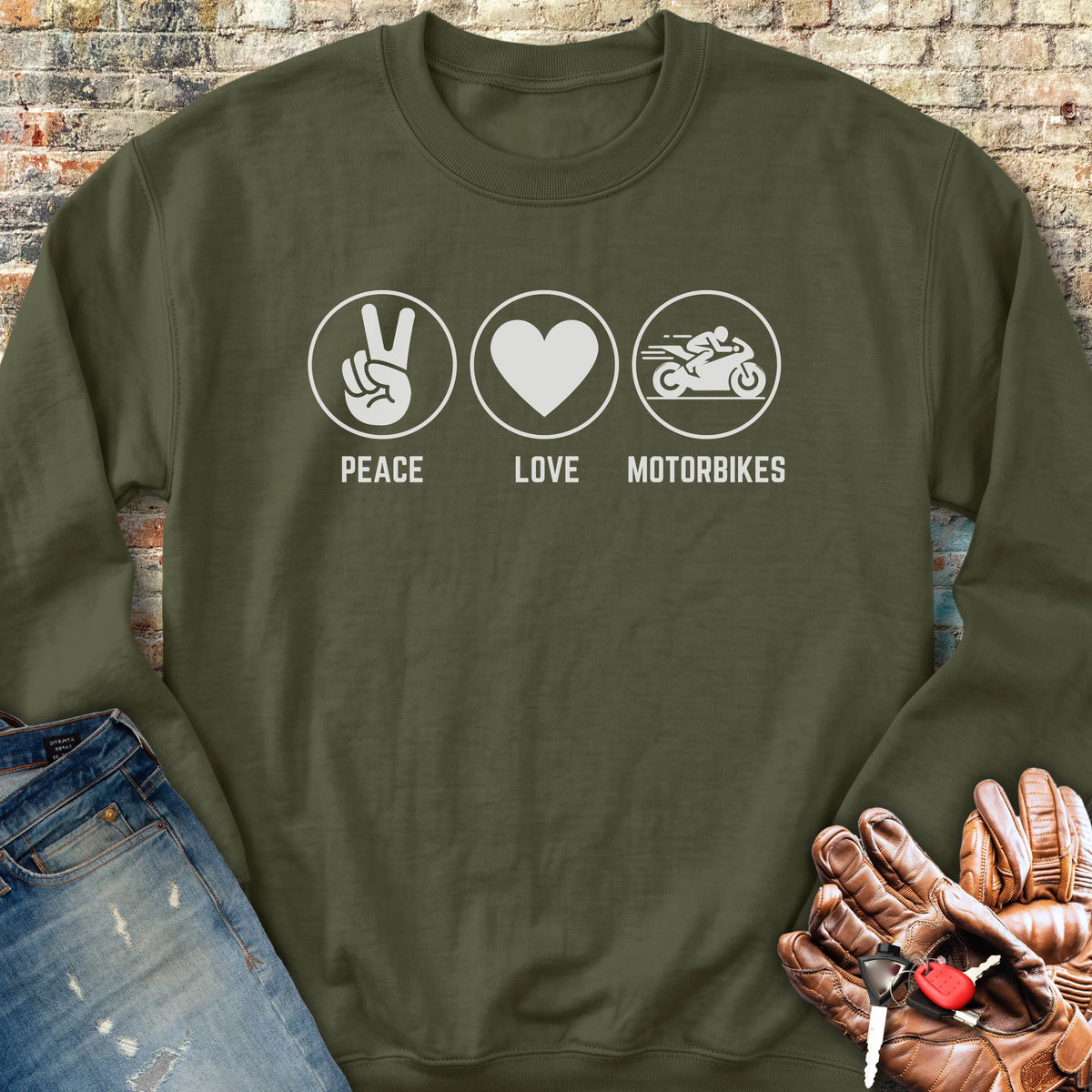 Peace Love Motorbikes Sweatshirt - Military Green