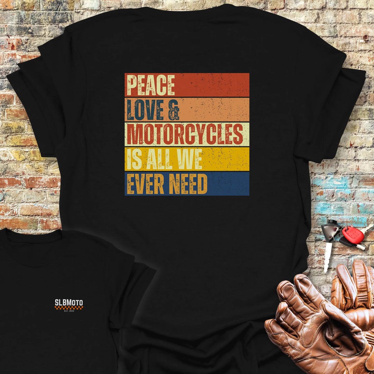 Peace Love & Motorcycles (Block) Back Print T-Shirt - Black