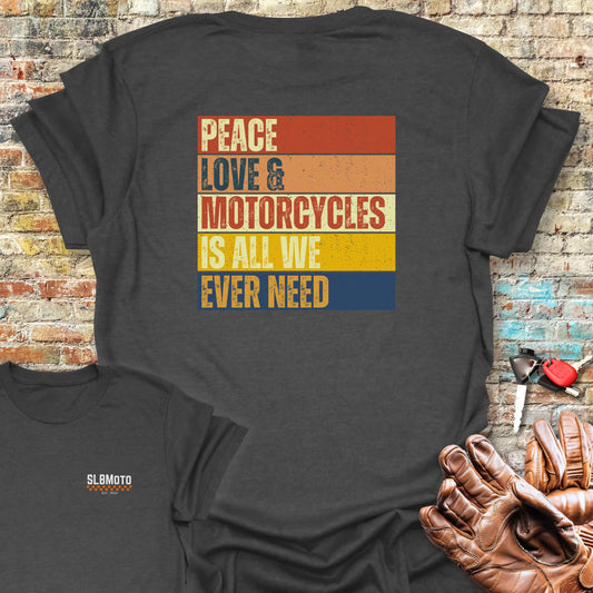 Peace Love & Motorcycles (Block) Back Print T-Shirt - Dark Heather