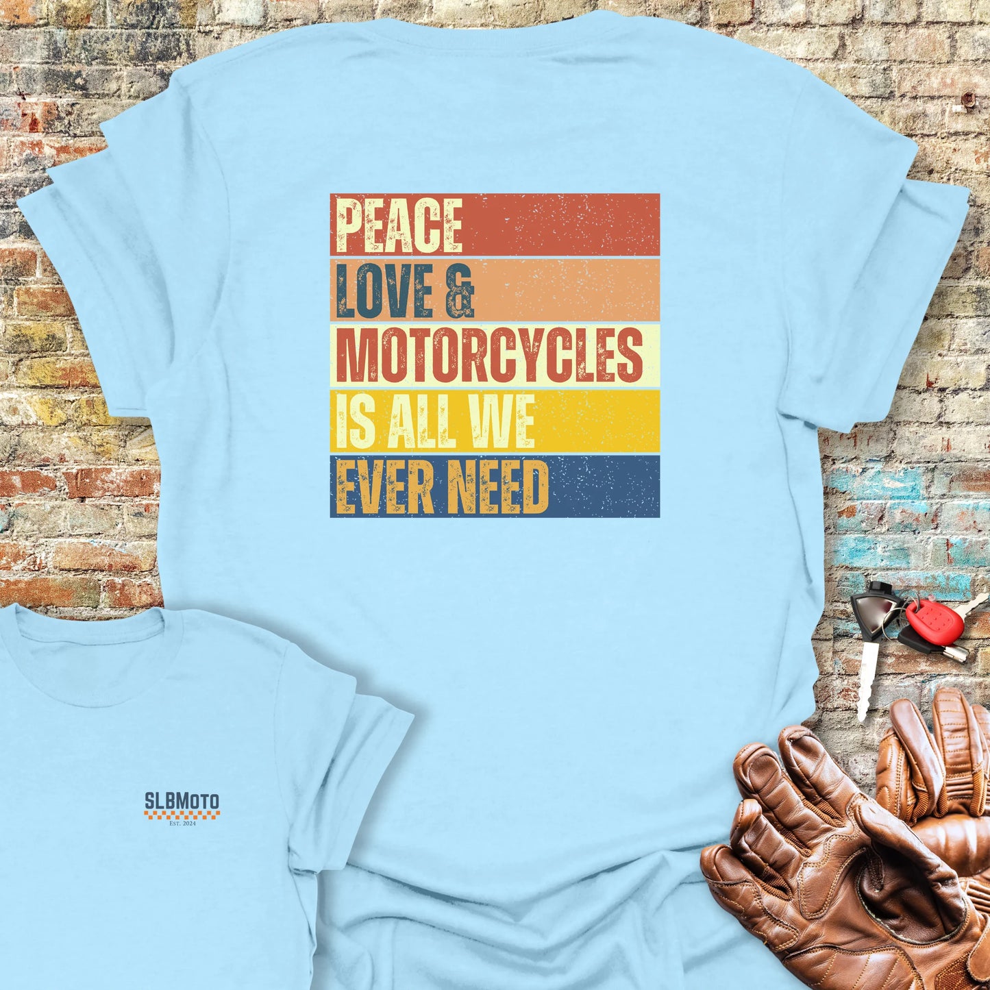 Peace Love & Motorcycles (Block) Back Print T-Shirt - Light Blue