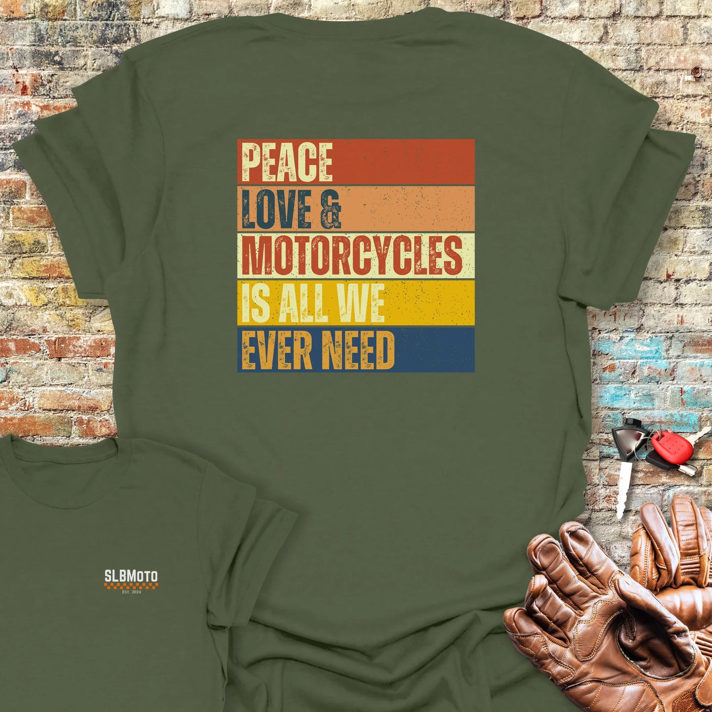 Peace Love & Motorcycles (Block) Back Print T-Shirt - Military Green