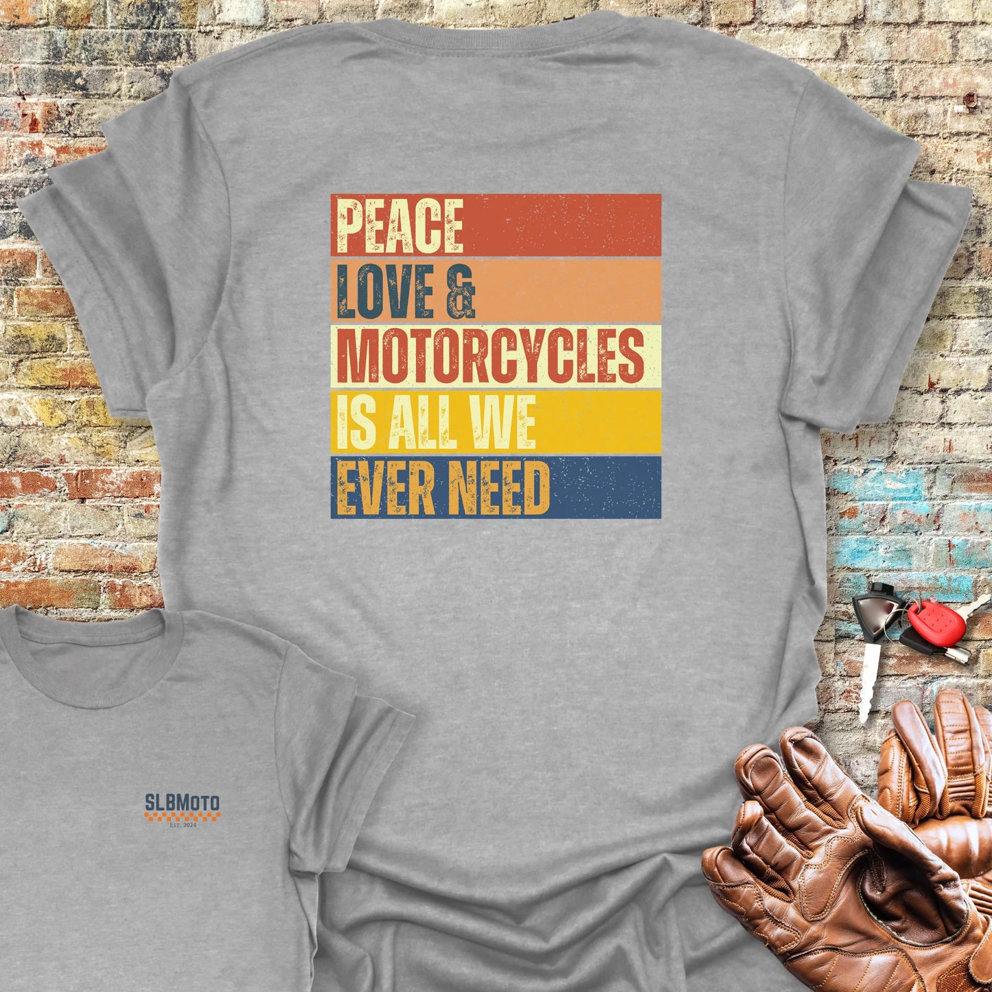 Peace Love & Motorcycles (Block) Back Print T-Shirt - Sport Grey