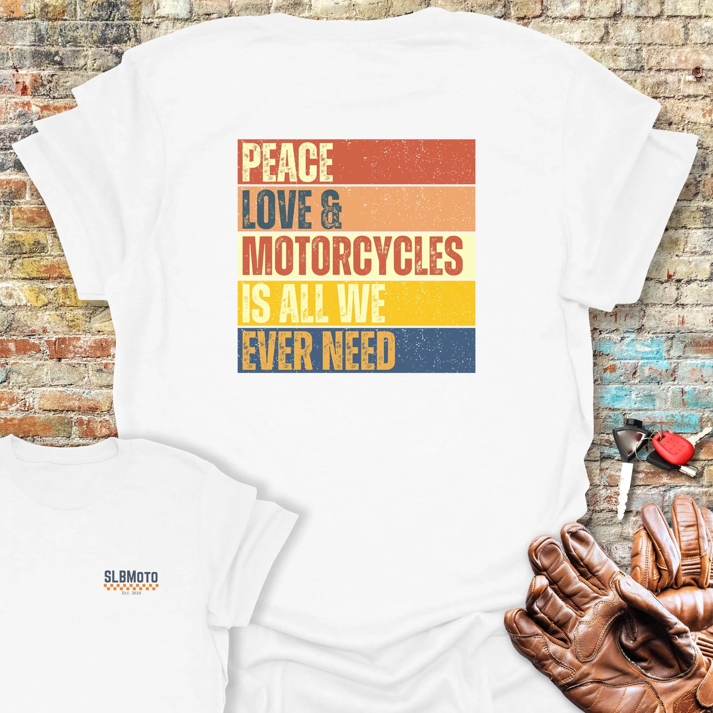 Peace Love & Motorcycles (Block) Back Print T-Shirt - White