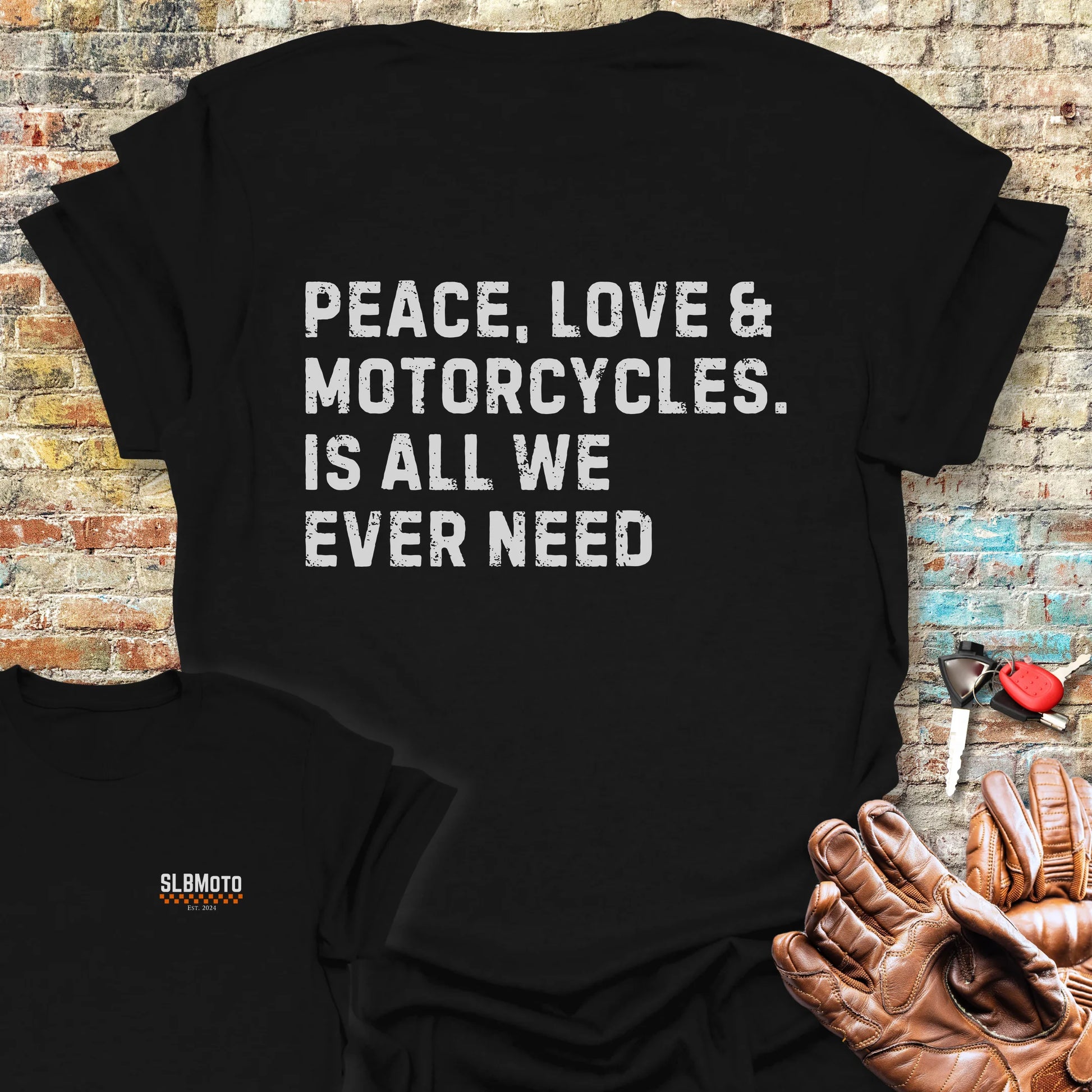 Peace Love & Motorcycles (Text) Back Print T-Shirt - Black