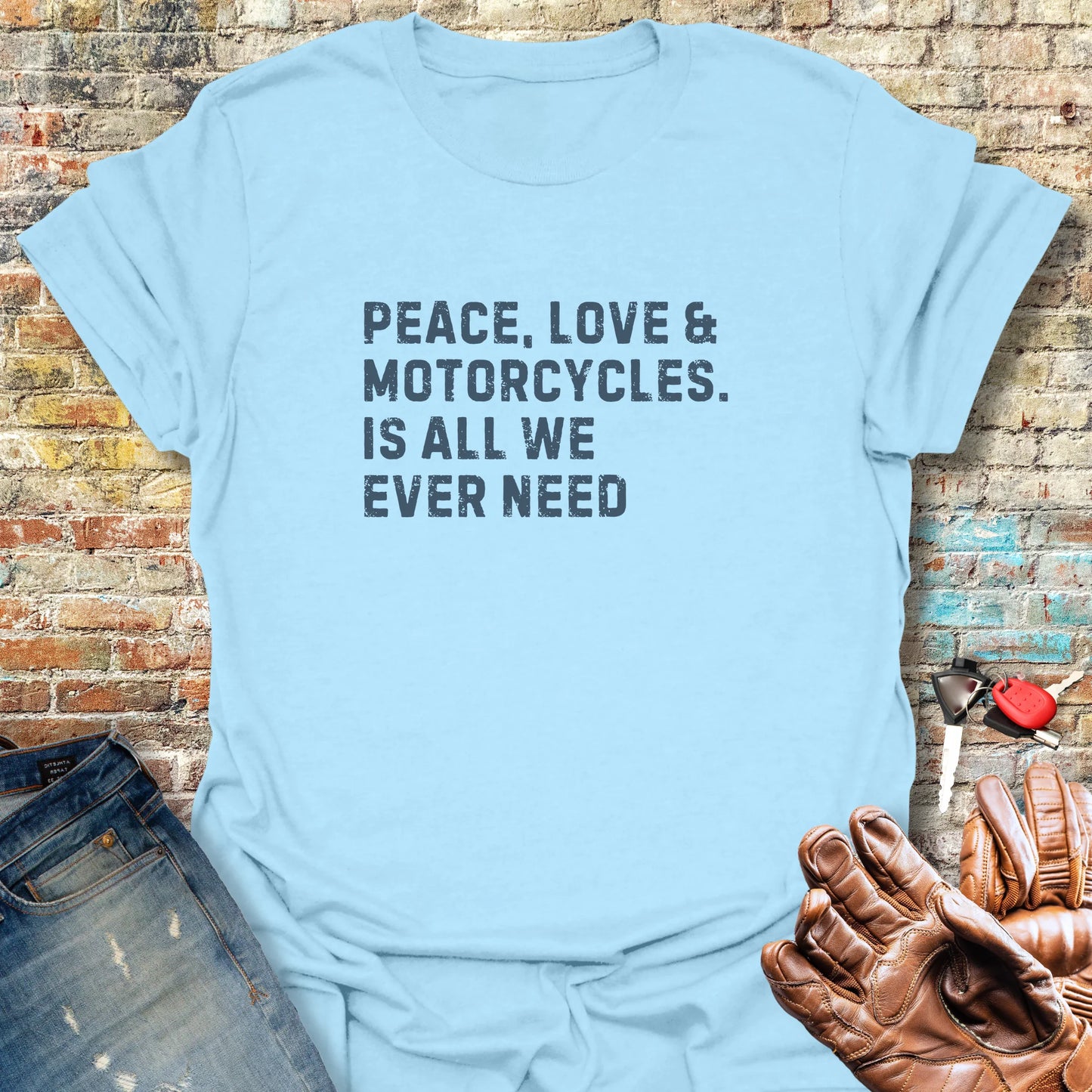 Peace Love & Motorcycles (Text) T-Shirt - Light Blue