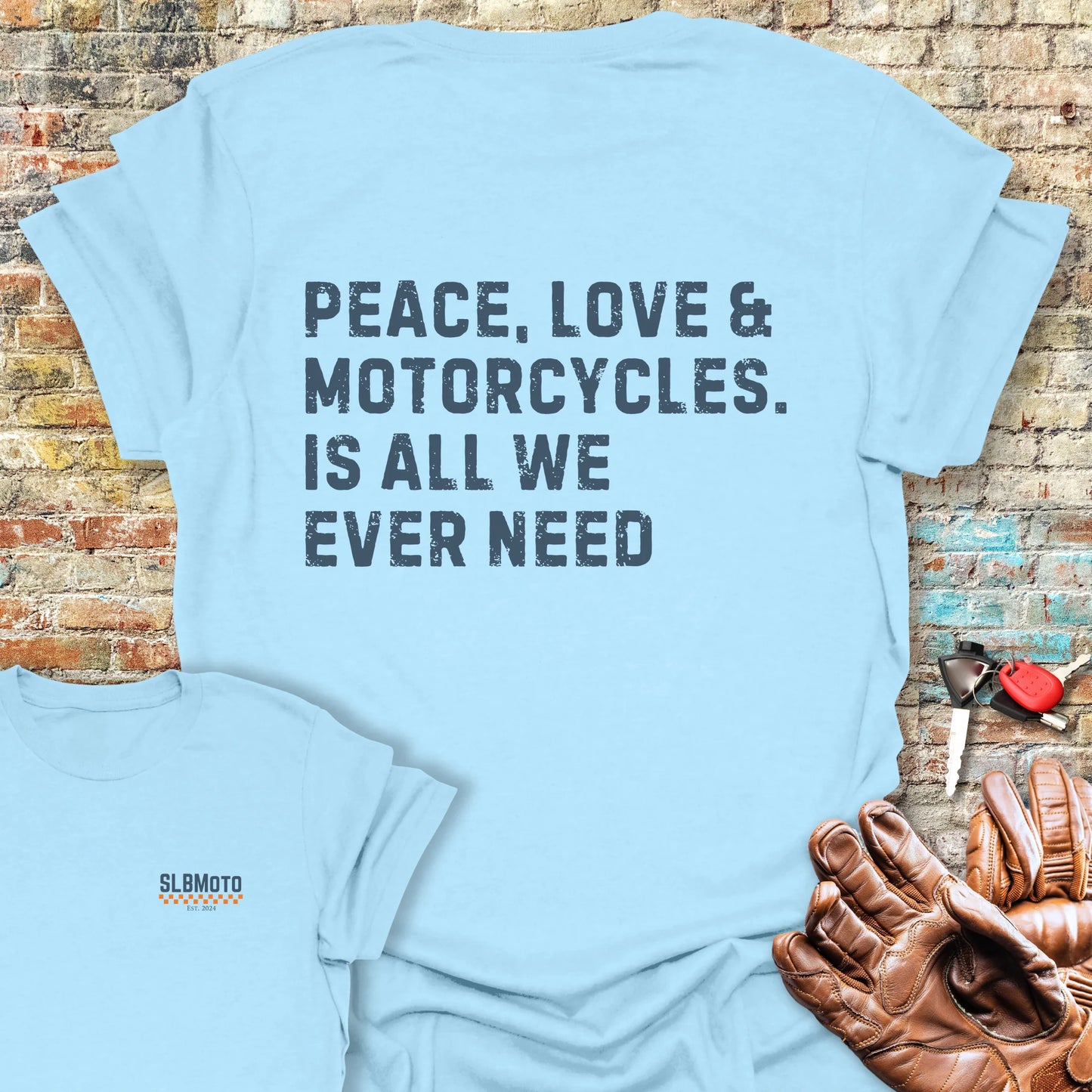 Peace Love & Motorcycles (Text) Back Print T-Shirt - Light Blue